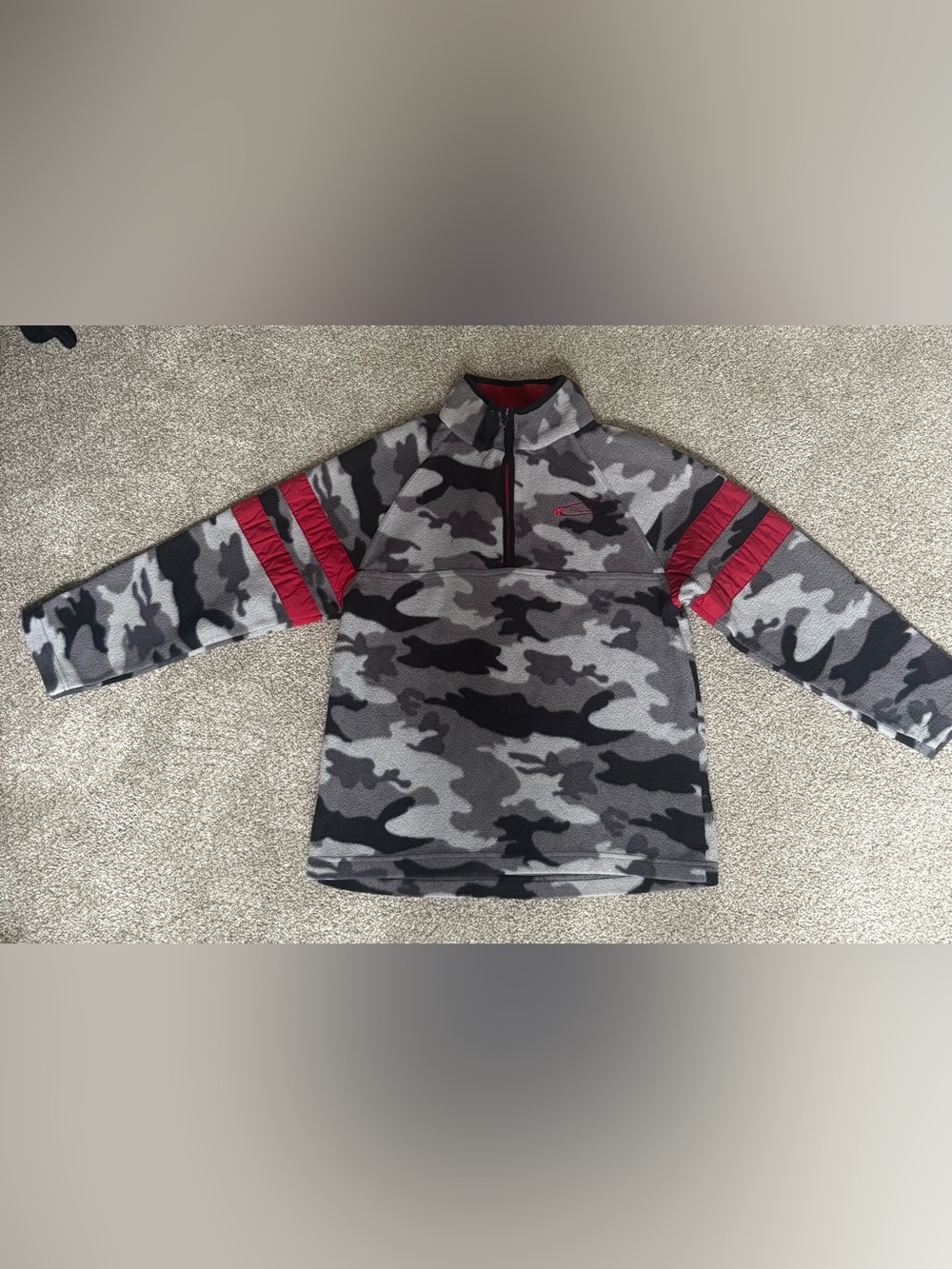 Kids' Gray Camo Quarter-Zip Pullover Hoodie with Red Sleeve Stripes